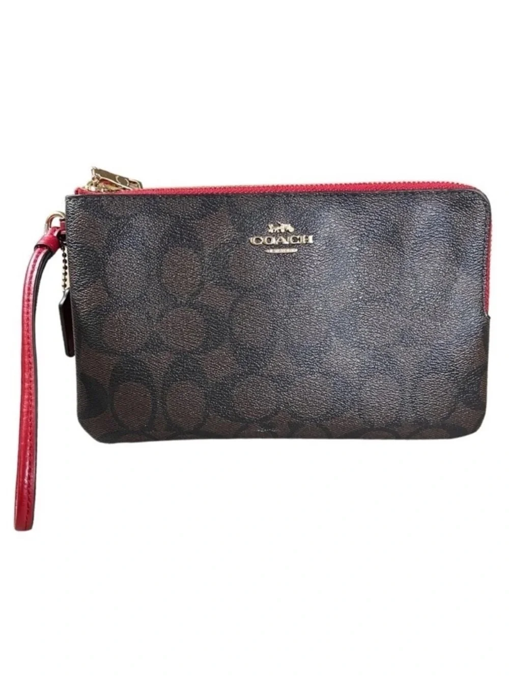 Coach Double Zip Wristlet Signature Canvas Brown Red PVC Leather Wallet Clutch